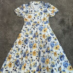 Sharagano Blue and Yellow Floral Midi Dress